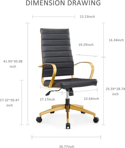 Miniatura 6 de Silla de oficina ergonómica, silla de escritorio de cuero dorado con respaldo alto y soporte lumbar, silla de oficina en casa para estudio