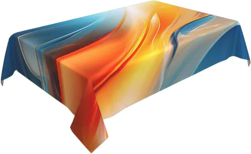 Miniatura 4 de Mantel rectangular moderno con diseño de arte fluido, naranja, azul, degradado, poliéster, impermeable, reutilizable, patrón abstracto de ondas