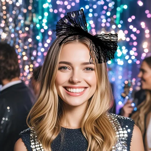 Miniatura 4 de SUMERSHA Diadema de lazo de encaje neón para mujer, disfraz de los años 80, accesorio para el cabello para fiesta temática de los años 80, aro