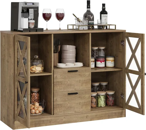 Miniatura 4 de BOTLOG Armario de buffet con almacenamiento, gabinete de barra de café con cajones, aparador buffet Cbinet con puertas de vidrio y estantes