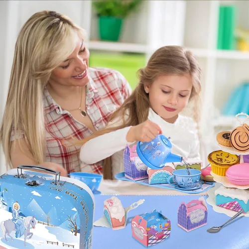 Miniatura 8 de PRE-WORLD Juego de fiesta de té para niñas pequeñas, 46 piezas de juguetes de princesa para la hora del té, incluyendo postre, galletas, dona
