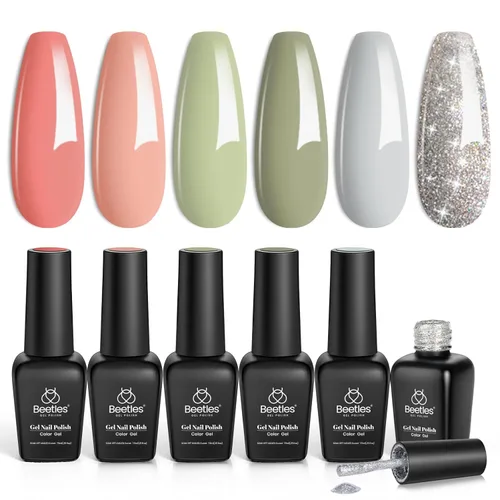 Miniatura 9 de Beetles - Juego de esmaltes de uñas de gel Jelly de 6 colores, tonos nude, rosa, marrón, con brillo y efecto de glitter, kit de esmaltes de gel