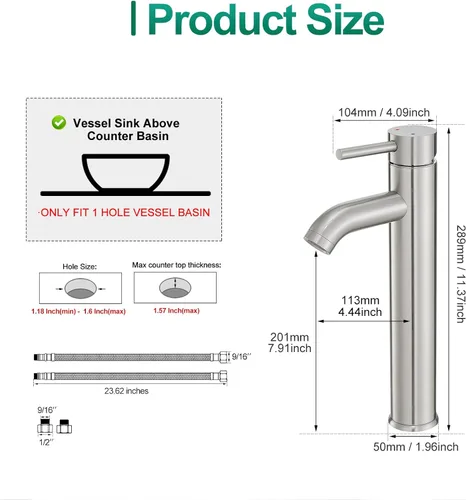Miniatura 4 de VOTON - Grifo de fregadero cromado moderno alto para fregadero de baño, grifo de baño con una sola manija y un agujero para rv, grifo de lavabo