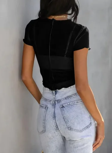 Miniatura 3 de Allytok Camisetas cortas de malla para mujer, de verano, manga corta, cuello redondo, transparente, Y2K