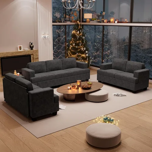 Miniatura 37 de Fiona's magic Juego de sofá de 4 plazas, 2 piezas, cómodo sofá biplaza con asientos profundos para sala de estar, sofá cama moderno, pana negra