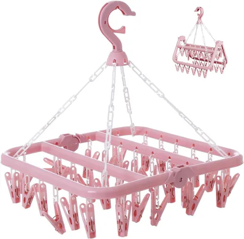 Miniatura 9 de Tendedero de Ropa con 32 Pinzas, Tendedero Colgante Plegable, Gancho Giratório de 360° para Secar Calcetines, Ropa de Bebé, Toallas, Guantes