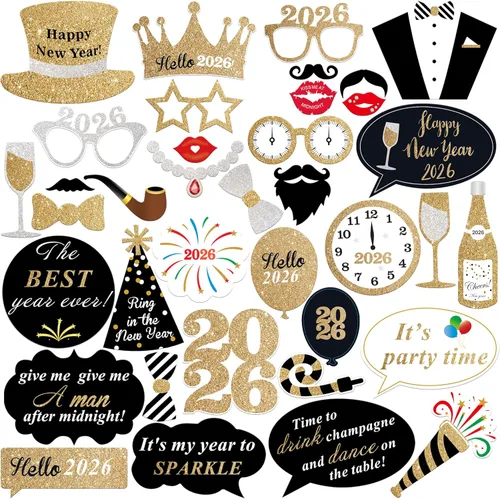 Katchon, Accesorios para cabina de fotos de Año Nuevo con purpurina – Paquete de 35 | Accesorios de cabina de fotos NYE para suministros de fiesta