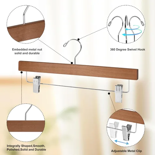 Miniatura 2 de Quality Hangers Perchas de madera para pantalones, paquete de 20 perchas giratorias de tela con gancho – Falda de madera de loto, pantalones, Nogal