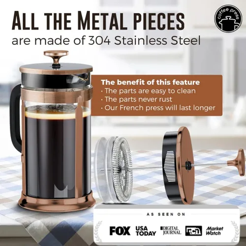 Miniatura 3 de EzDtach - Cafetera de prensa francesa de vidrio de 34 onzas de cobre, olla de vidrio de borosilicato de doble filtro con coffee press de acero