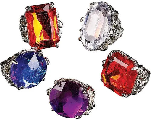 Fun Express Anillos de disfraz de diamantes de imitación gigantes, juego de 12 unidades, con banda ajustable, joyería para disfraces, Halloween y