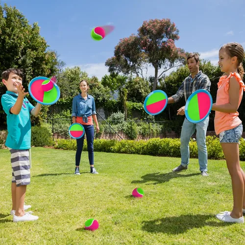 Miniatura 5 de Juego de lanzar y atrapar pelotas Bennol para niños, 4 paletas, 4 pelotas y bolsa de almacenamiento, juguetes al aire libre para edades 3-10