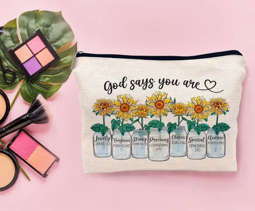 Miniatura 2 de Regalos inspiradores de girasoles con texto en inglés "God says you are alenting", bolsa de maquillaje, bolsa de cosméticos, bolsa con cremallera
