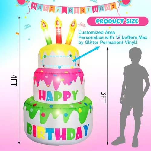 Miniatura 3 de Pastel de cumpleaños inflable personalizado de 4 pies de alto con nombre de purpurina, pastel de cumpleaños grande con velas iluminadas, 6 luces LED
