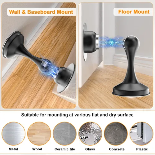 Miniatura 4 de Crosize Topes magnéticos para puerta, paquete de 4, topes de puerta de acero inoxidable para montaje en pared y piso, soporte de puerta mantiene