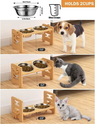 Miniatura 2 de Vantic Cuencos elevados para perros, soporte elevado ajustable para cachorros y gatos pequeños, alimentador de alimentos de bambú resistente