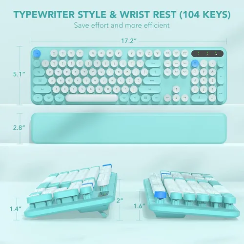 Miniatura 8 de Teclado inalámbrico, teclas redondas, teclado de máquina de escribir retro con reposamuñecas desmontable, modo de suspensión, patas plegables, Azul
