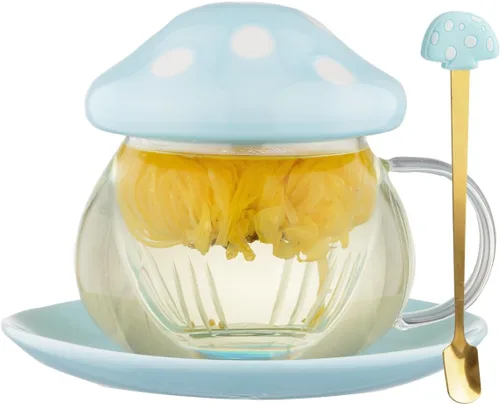 Juego de Tazas de Té de Hongos, Lindas Tazas de Té de Vidrio y Platillos, Taza de Té Kawaii con Infusor para Colador de Té de Hojas Sueltas, Taza de