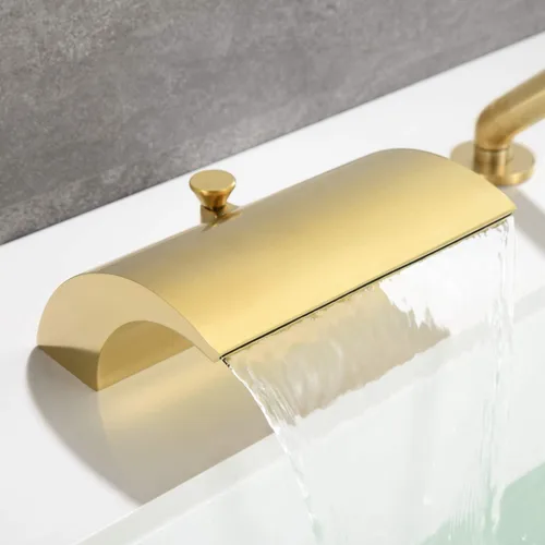 Miniatura 6 de sumerain Grifo de bañera romana de 3 agujeros con ducha de mano, llenador de bañera de cascada de una sola manija de alto flujo con acabado dorado