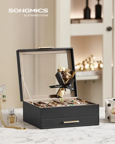 Miniatura 2 de SONGMICS Joyero con tapa de vidrio, organizador de joyas de 2 capas, 1 cajones, almacenamiento de joyas, moderno, idea de regalo, color grafito