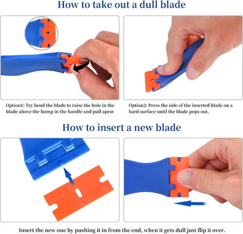 Miniatura 4 de Raspador de cuchilla plástico para retirar pegante, adhesivos, calcomanías, pintura del automóvil, ventanas y vidrio, paquete de 2 raspadores y 120