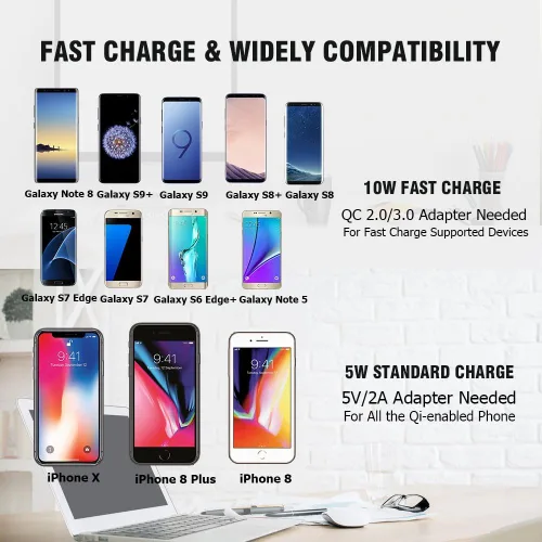 Miniatura 4 de Cargador inalámbrico, almohadilla de carga inalámbrica rápida de 10 W - Qi compatible con Samsung Galaxy S9/S9+/Note 8/S8/S8 Plus, iPhone Xs