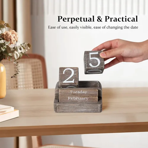 Miniatura 5 de Calendario de Bloques de Madera para Escritorio, Calendario de Escritorio Perpetuo Diario, Accesorios de Escritorio Estilo Granja para Decoración