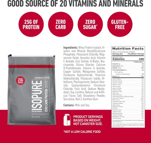 Miniatura 3 de Isopure - Proteína de suero de leche en polvo 100 % pura, sin carbohidratos, sin lactosa ni gluten, con vitaminas y sabor a fresas y crema, 25 g