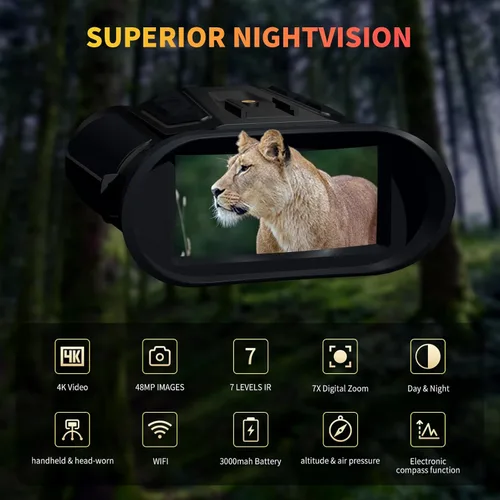 Miniatura 2 de Gafas de visión nocturna, prismáticos de visión nocturna 4K para adultos con WiFi, tarjeta TF de 64 GB en visión nocturna, IR 7X y zoom de 16X
