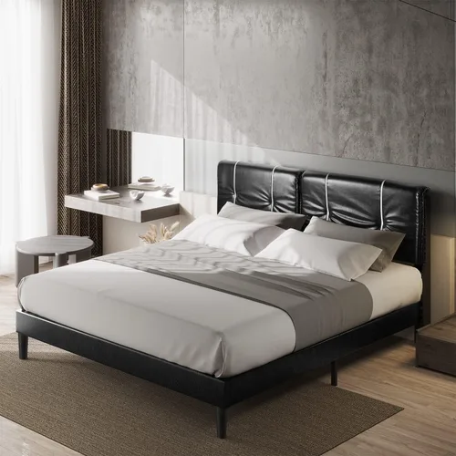 Miniatura 4 de BONSOIR Base de cama tamaño Queen tapizada de perfil bajo moderna con cabecera de piel sintética, no necesita somier, no necesita falda de cama