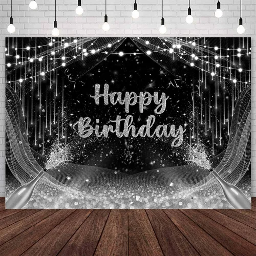 Miniatura 9 de AIBIIN Telón de fondo de feliz cumpleaños para hombre, fondo de fotografía dorado, globos negros, decoraciones de fiesta de cumpleaños, pancarta