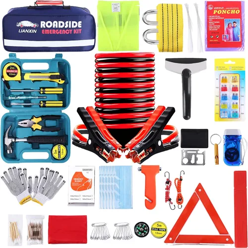 LIANXIN Kit de emergencia de asistencia en carretera, kit de emergencia para automóvil con cables de puente (actualizado) Kit de emergencia para Azul