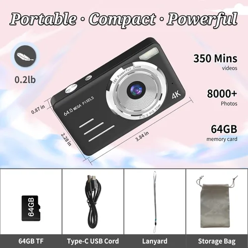 Miniatura 7 de Forc Cámara digital, FHD 4K 64MP apunta y dispara, cámaras digitales para niños con tarjeta de 64 GB, zoom 18X, antivibraciones, cámara pequeña Negro