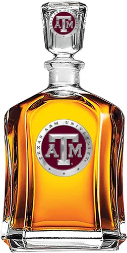 Heritage Pewter Texas A&M Capitol Decantador | Decantador de whisky de 24 onzas para licor con tapón hermético | Vidrio de peltre transparente