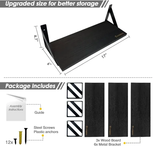 Miniatura 6 de Forbena Juego de 3 estantes flotantes negros para baño, estantes de madera para libros, estante rústico para almacenamiento, organizador de baño