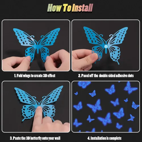 Miniatura 8 de SAOROPEB - Calcomanía 3D de mariposa que brilla en la oscuridad, 24 unidades, 3 tamaños, para decorar techo o pared, suministros de fiesta