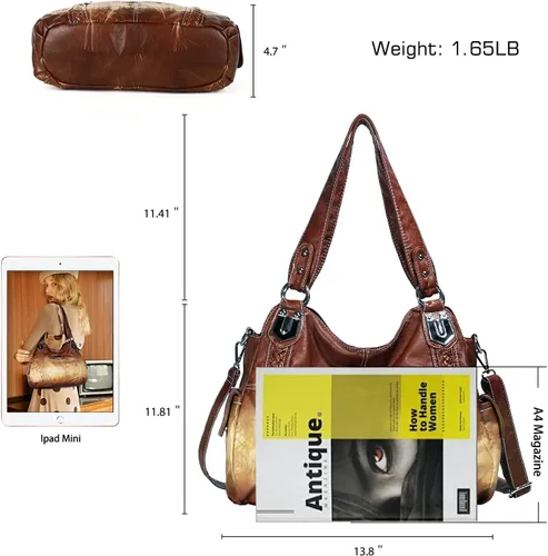 Miniatura 2 de Angel Barcelo - Bolsa de hombro amplia para mujer, diseño Hobo, cuero lavado