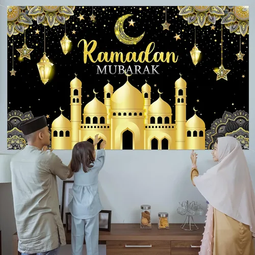 Miniatura 4 de Boyiee Decoración de Ramadán Mubarak, telón de fondo musulmán Ramadán Kareem, letrero de Eid Mubarak, fondo de cabina de fotos para el hogar, Negro