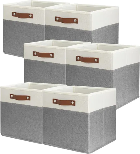Miniatura 9 de SNWDN Paquete de 6 cestas de almacenamiento de tela para organizar contenedores plegables de tela con asas para organización del hogar y la oficina