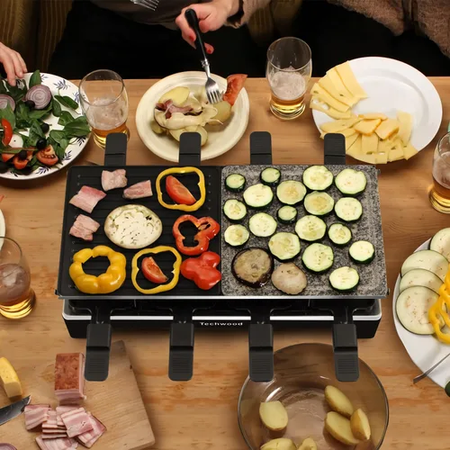 Miniatura 7 de Raclette Grill, Techwood - Parrilla eléctrica para interiores con 2 platos antiadherentes reversibles, 1 placa de parrilla de piedra, calentamiento