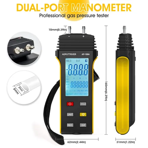 Miniatura 2 de Manómetro, probador de presión de gas profesional AP-189B, medidor de presión de aire de manómetro de doble puerto, manómetro de presión diferencial