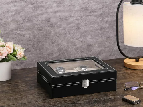 Miniatura 6 de GUKA Caja de reloj con 10 ranuras organizador de cristal real con cuero sintético para hombres y mujeres