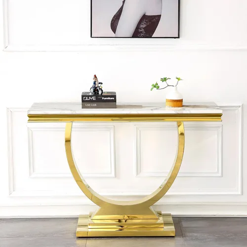 Miniatura 30 de Mesa de centro de mármol negro Henf de lujo, mesa auxiliar rectangular de mármol sintético de imitación con base de acero inoxidable dorado