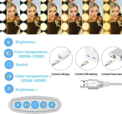 Miniatura 2 de Luces de Espejo de Tocador, 10 Bombillas Regulables DIY Estilo Hollywood Luces LED de Espejo de Maquillaje con Cable USB, Tira de Luminaria