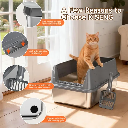 Miniatura 7 de Caja de arena de acero inoxidable para gatos, caja de arena de metal sin olor con tapa de lados altos, bandeja de arena de entrada baja con parte