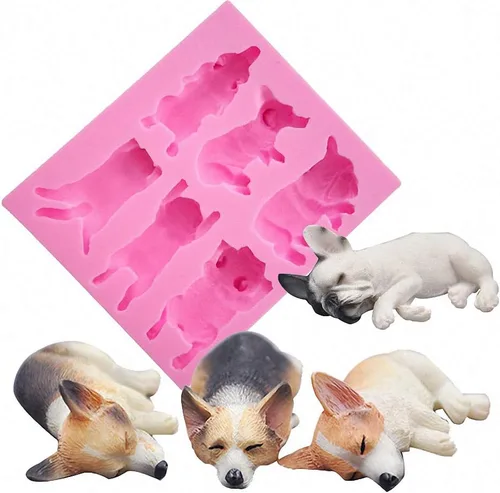 Fewo Molde de silicona de 6 cavidades para perro durmiendo Corgi y Bulldog Francés para fondant Chocolate Candy Gum Pasta Polímero Resina Arcilla