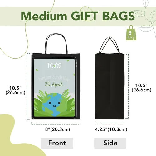 Miniatura 2 de MESHA Bolsas de regalo de papel kraft negro de 8 x 4.25 x 10.5 pulgadas con asas, paquete de 50 bolsas de compras recicladas reutilizables a granel