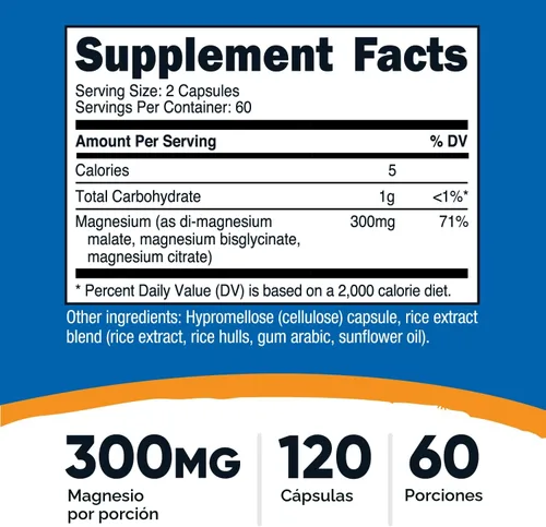 Miniatura 2 de Nutricost Complejo triple de magnesio (300 mg, 120 cápsulas) - de malato de di-magnesio, bisglicinato y citrato, 60 porciones