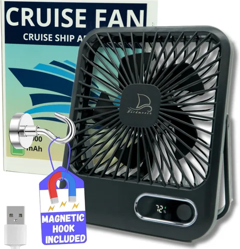Ventilador de Cabina para Crucero Aprobado - Gancho Magnético Incluido Para Colgar en Paredes - Portátil Recargable USB y Enchufe, Función de Negro