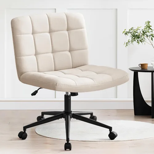 Furniliving Silla de escritorio de oficina en casa con ruedas, silla ancha con patas cruzadas, silla ajustable de altura sin brazos con respaldo