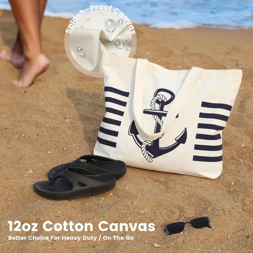 Miniatura 5 de Bolsa de lona con diseño náutico de anclaje con bolsillo interior, cremallera superior, bolsas de comestibles reutilizables para mujeres, playa